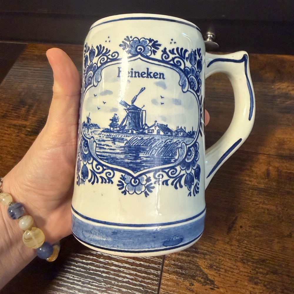 Vintage Heineken Delfts Blue Beer Stein: Hand-Painted Windmill Sailboat Mug